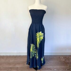 Anna Passerotti 100% Linen Blue Smocked Strapless Maxi Dress Hand Painted Floral